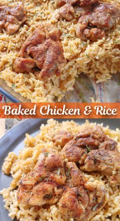 baked chicken and rice dish on a plate with the words baked chicken and rice above it