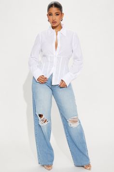 Available In White And Pink. Shirt Long Sleeve Button Down Collar Seam Detail Non Stretch 100% Cotton Imported | Ready To Go Shirt in White size Large by Fashion Nova White And Denim, White Tops For Women, Denim Jeans Outfit, Birthday Fits, White Button Down Shirt, Matching Dresses, Denim Outfit, White Fashion