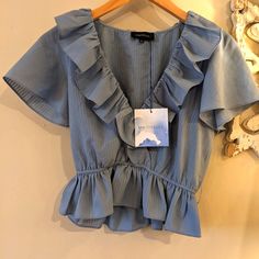 Beautiful Nwt Majorelle Blouse With Ruffle Color Does Not Come With Belt Size Xs Runs True To Size Long Sleeve Sequin Top, Majorelle Blue, Rose Gold Lace, Blue Floral Top, Ruffle Sweater, Satin Blouses, Long Sleeve Sequin, Ruffle Long Sleeve, Ruffle Shirt