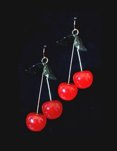 These earrings are a definite conversation starter.  A great addition to any look! Cherry Party Jewelry For Pierced Ears, Cherry Dangle Earrings For Party, Cherry Color Dangle Earrings For Party, Party Cherry Earrings, Cherry Colored Earrings For Summer Party, Cherry Color Earrings For Summer Party, Summer Retro Drop Earrings, Green Leaf, Leaf Earrings