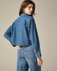 J.Crew: Cropped Button-up Shirt In Chambray For Women Trendy Chambray Button-up Shirt, Cheap Chambray Button-up Tops, Chambray Button-up Shirt, Washed Blue Chambray Button-up Top, Cropped Button Up Shirt, Chambray Button-up Tops With Button Closure, Usa Swimming, J Crew Men, Maryam Nassir Zadeh