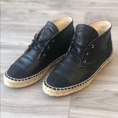 Black Leather Espadrilles With Laces Black Leather Espadrilles With Woven Sole, Luxury Black Flat Espadrilles, Black Luxury Flat Espadrilles, Luxury Black Leather Espadrilles, Lace-up Leather Espadrilles With Woven Sole, Chanel Espadrilles, Leather Espadrilles, Chanel Black, Chanel Shoes