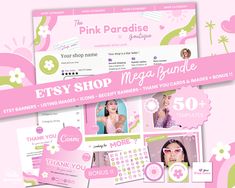 the pink paradise website is displayed on a pink background