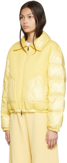 Down-filled quilted nylon taffeta jacket. · Detachable rib knit stand collar · Two-way zip closure · Welt pockets · Signature tricolor felted logo patch at sleeve · Elasticized cuffs and hem · Fully lined Supplier color: Light yellow Filling: 90% down, 10% feather. Taffeta Jacket, Moncler Jacket, Floral Shoes, Mens Scarves, Scarf Men, Field Jacket, Rugby Shirt, Quilted Jacket, Light Yellow