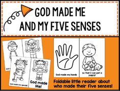 an orange and white poster with the words god made me and my five sensess