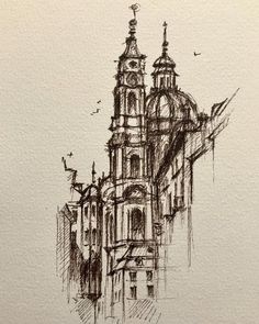 an ink drawing of a church with steeples