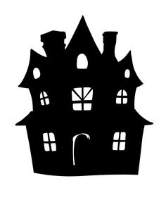 a black and white silhouette of a house with windows on the front, an umbrella sticking out of it's roof