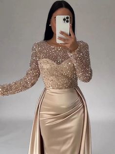 Mermaid Sequin Gold Dresses Evening Gown Ruched Satin Dress Long Sleeves Floor Length Sparkle Illusion Neck Prom Wedding Guest Dress with Pearls Overskirt dress to impress 2024 2024 - $136.99 Champagne Satin Dress, Fall Wedding Reception, Cocktail Dress Elegant, Satin Dresses Long Sleeve, Sequin Evening Gowns, Evening Dresses Online, Satin Dress Long, Fall Wedding Guest Dress, Dresses Formal Elegant