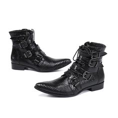 Looking to enhance your footwear collection with a unique addition? Consider these handmade men's ankle boots. Crafted from high-quality genuine leather, they offer unmatched comfort. Designed with an impressive pointed-toe shape, these ankle boots are both stylish and comfortable. The addition of buckle decor and a convenient zipper closure adds to their unique appeal. These ankle boots are truly special.Specifications is_handmade: Yes Upper Material: Split Leather Toe Shape: Pointed Toe Toe: Pointed Toe Style: British Style Shaft-Genuine Leather Type: Cow Leather Shaft Material: Genuine Leather Season: Spring/Autumn Pattern Type: Solid Outsole Material: Rubber Origin: Mainland China Name 5: men boots Leather Name 4: Party ankle boots men Name 3: Motorcycle boots Men Name 2: Western Boots Leather Martin Boots With Snip Toe For Winter, Winter Moto Boots With Pointed Toe And Leather Sole, Punk Leather Boots With Leather Sole, Leather Moto Boots With Snip Toe For Winter, Winter Combat Boots With Leather Sole And Snip Toe, Winter Leather Moto Boots With Snip Toe, Punk Leather Ankle Boots, Punk Style Lace-up Boots With Leather Sole, Punk Lace-up Boots With Leather Sole