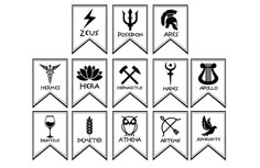 an image of the seven zodiac signs in black and white, with symbols above them