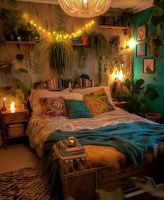 a bed room with a neatly made bed and lots of plants