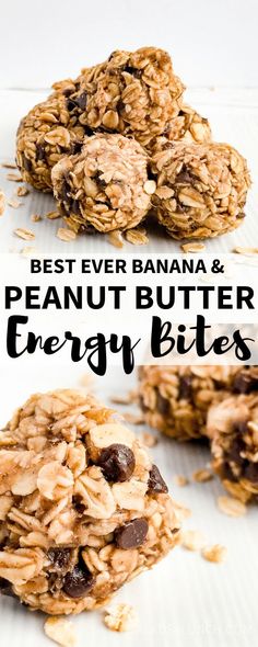 the best ever banana and peanut butter energy bites are made with oats, raisins, and chocolate chips