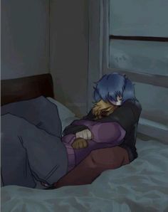 an anime character laying in bed with his head on the back of someone's shoulder