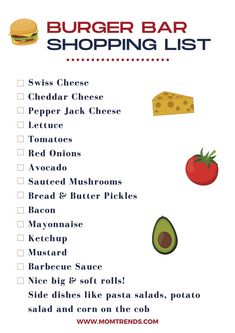 a burger bar shopping list with an avocado, tomato and cheese on it