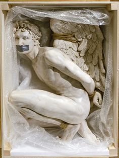 a white statue in a wooden box with plastic wrap around it's body and wings