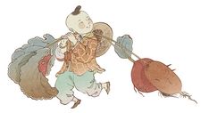 an illustration of a man carrying two turkeys on his back and pulling them behind him