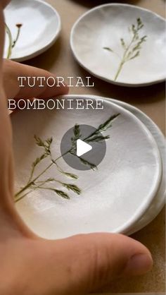 the video shows how to make decorative plates with leaves and stems on them, as well as text