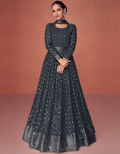 Real Georgette Charcoal Dress Suit Anarkali Bottom अनारकली सूट, Long Anarkali Gown, Teal Blue Dress, Georgette Anarkali Suits, Charcoal Dress, Anarkali Dresses, Georgette Anarkali, Gown With Dupatta, Long Anarkali