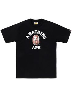 black cotton logo print to the front mini logo tag round neck short sleeves straight hem Bape T Shirt, College T Shirts, Mini Logo, Mini Logos, Versace Outfit, Bathing Ape, Logo Tag, Suit Accessories, A Bathing Ape