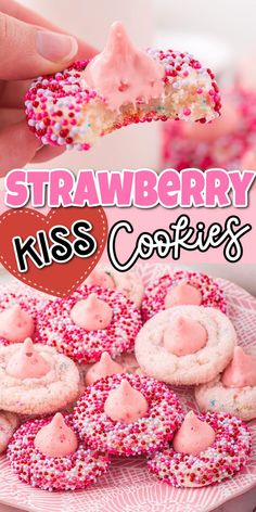 strawberry kiss cookies on a plate with pink sprinkles