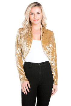 90% polyester Lightweight and machine washable gold velvet bolero shrug cardigan . Comfortable and velvet stretch fabric . Perfect for parties and date nights with your partner . Available in different colors and sizes to suit your taste . Stay stylish with our open Front Velvet Bolero Shrug Cardigan. The rich 90% polyester, 10% spandex and a beautiful open front knot design below the bust makes this velvet shrug your everyday choice for a flawless experience. A must have for the fashionable wom Velvet Shrug, Velvet Bolero, Velvet Cardigan, Bolero Dress, Bolero Shrug, Shrugs And Boleros, Crop Dress, Shrug Cardigan, Review Fashion