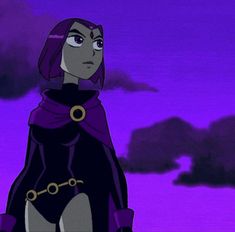 an animated image of a woman with purple hair and black cape standing in front of clouds