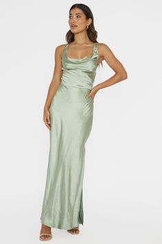 Shop the Sitara Tied Back Maxi Dress Sage | Selfie Leslie Satin Maxi Dress With Bias Cut For Date Night, Bias Cut Satin Maxi Dress For Date Night, Satin Maxi-length Slip Dress For Date Night, Satin Maxi Length Slip Dress For Date Night, Satin Slip Dress For Date Night, Maxi Length, Silk Maxi Dress For Prom, Satin Finish Maxi Dress For Prom, Floor-length Satin Maxi Dress With Satin Finish, Satin Finish Floor-length Maxi Dress