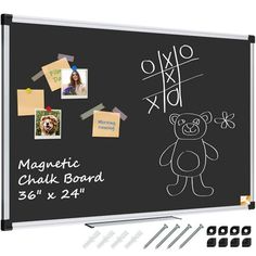 magnetic chalk board with magnets and clips on the bottom, including an image of a teddy bear