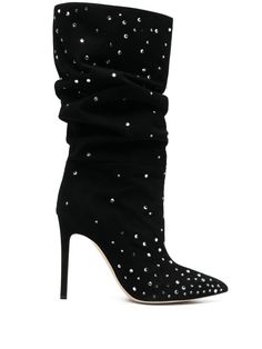 black calf leather crystal embellishment ruched detailing mid-calf length pointed toe high heel Mid Calf Suede Boots, Black Glitter Boots, Bling Heels, Crystal Heels, Slouchy Boots, Paris Texas, Stiletto Boots, Black Suede Boots, Fashion High Heels