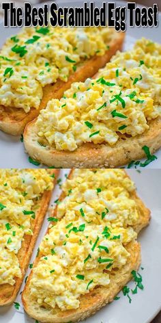 the best scrambled egg toast recipe is on a white plate with green sprinkles