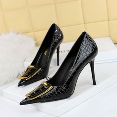 Luxury Heels With Gold Buckle, Elegant Black Heels With Metal Pin Buckle, Chic Formal Heels With Gold Buckle, Office High Heels With Crocodile Pattern, Elegant Patent Leather Heels With Buckle Closure, Chic Evening Heels With Gold Buckle, Elegant High Heels With Gold Buckle, Elegant High Heels With Crocodile Pattern, Elegant Gold Heels With Buckle Closure