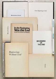 several books stacked on top of each other in front of a brick wall with the title beginning was the end