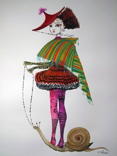 a drawing of a woman with a snail on her lap and wearing a colorful dress