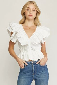 ENTRO USA Ruffled Peplum Top – Violet Skye Boutique White Ruffle Top Outfit, Ruffle Tops Outfit, Short Sleeve Peplum Top, Cute White Tops, White Ruffle Top, Ruffled Top, Ruffled Sleeve Top, Ruffled Sleeves, Blouse Outfit