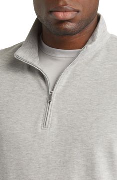 Incredible stretch and shape retention mean lasting comfort in this cotton-blend interlock pullover made with a quarter-zip placket for quick ventilation. 28 1/2" length (size medium) Stand collar 55% cotton, 40% modal, 5% polyester Hand wash, dry flat Imported Classic Cotton Half-zip Top, Half-zip Cotton Top With Ribbed Collar, Cotton Half-zip Top With Ribbed Collar, Peter Millar, Quarter Zip Pullover, Stand Collar, Quarter Zip, Light Grey, Cotton Blend