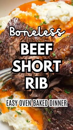 the beef short rib is served with mashed potatoes and gravy on top