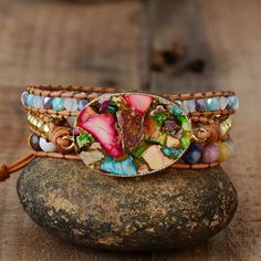 Bohemian Arts - Rhinestone leather wrap Bracelet Gemstone Wrap Bracelet, Wrap Armband, Beaded Leather Wraps, Jasper Bracelet, Stone Wrapping, Beaded Wrap Bracelets, Natural Stone Bracelets, Chakra Bracelet, Protection Bracelet