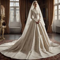 a woman in a white wedding dress standing on a red and gold carpeted floor