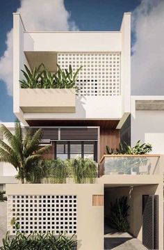 an architectural rendering of a modern house with plants on the balcony and balconies