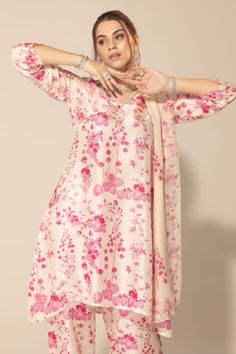 Ivory and pink kurta with botanical print and silver sequins, stones and beaded hand embroidered neckline. Comes with straight pant and a dupatta. - Aza Fashions V Neck Kurta, Pink Kurta, Kurta Pant Set, Dupion Silk, Embroidered Neckline, Kurta With Pants, Botanical Print, Silver Sequin, Pants Pattern