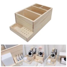 two wooden drawers with cameras in them, one is empty and the other is open