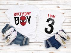 two birthday shirts with the number five and spiderman on them