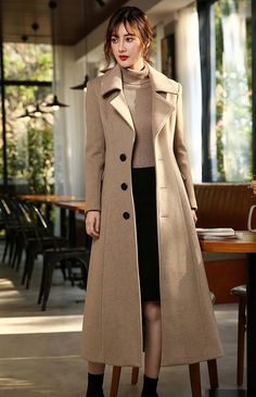 ❤❤A trench-inspired silhouette graces this wool blend coat that is simply elegant and will be an everlasting addition to your outerwear lineup. Detailed design: ●Single-breasted button closure ●Notched collar ●Lined ●Front welt pockets ●Removable tie belt ●Wool and polyester ●Dry clean ★★Please inform your height, weight and bust. Your clothes need me to spend 3-5 days to cut and sew. Please be patient. I will make your clothes with my heart. Palto Woman Winter Coats, Woolen Coat Winter, Long Wool Coat Women, Red Winter Coat, Tartan Coat, Woolen Coat Woman, Khaki Coat, Winter Overcoat, Long Overcoat