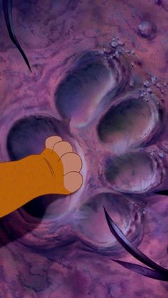 an animated hand pointing at something in the ground with purple and black substance behind it