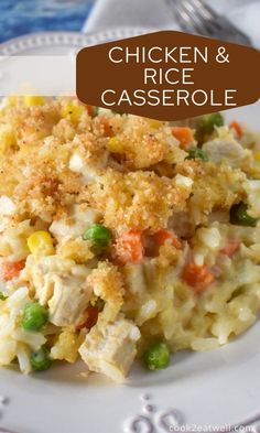 chicken and rice casserole on a white plate with a brown label over it