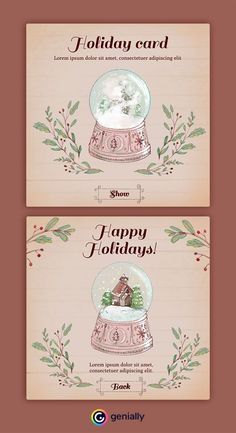 two christmas cards with snow globes on them