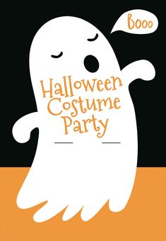 a halloween costume party poster with a ghost saying booo on the front and an orange background