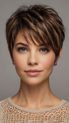 Elegant Short Layered Haircuts Ideas for Feathered Pixie Cut 💫 Short Hair Feather Cut, Women’s Short Layered Haircuts, Pixie Bobs For Fine Hair, Winter Pixie Haircut, Short Hair Makeup Look, Thick Pixie Haircut, Short Hair Styles Over 50, Women’s Layered Short Hairstyles, Women’s Short Hairstyles For Fine Hair