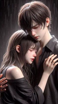 two people standing next to each other in the rain with their arms around one another