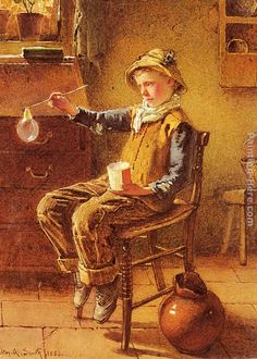 a painting of a young boy sitting in a chair holding a bowl and whisk